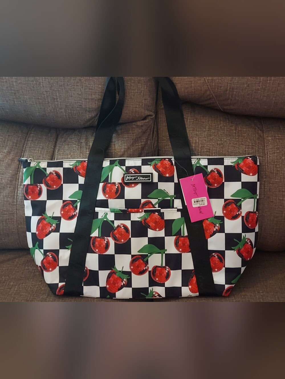 New Betsey Johnson Black & White Check Cherry Insulated Cooler Tote Bag